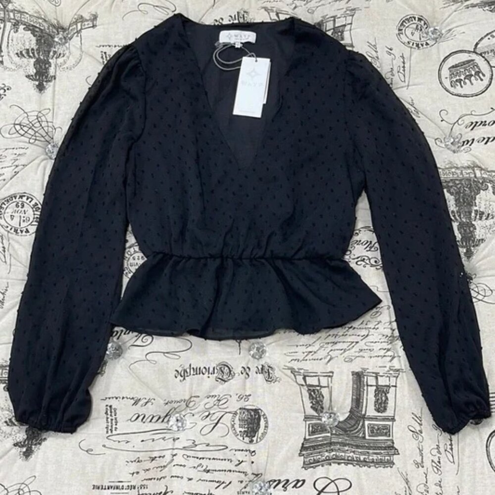 Wayf Black Puff Sleeve Peplum Blouse